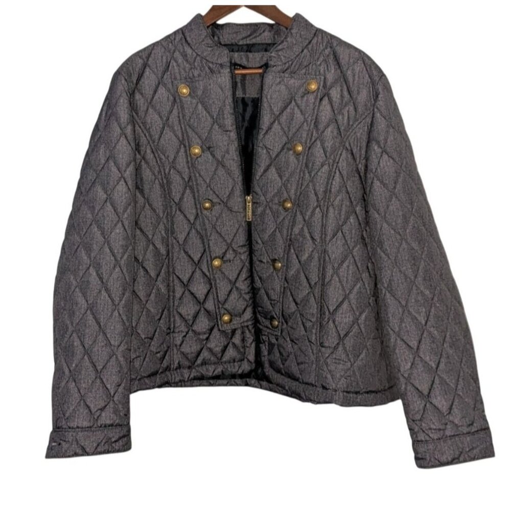 Tommy Hilfiger Womens Medium Quilted Jacket Gold Snap Buttons Zipper Gray - Picture 1 of 16